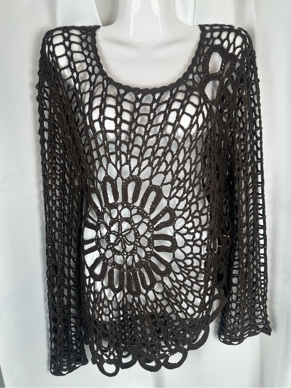 Asymmetrical Brown Open Knit Long Sleeve Womens Top Size XL Whimsy Boho Hippie